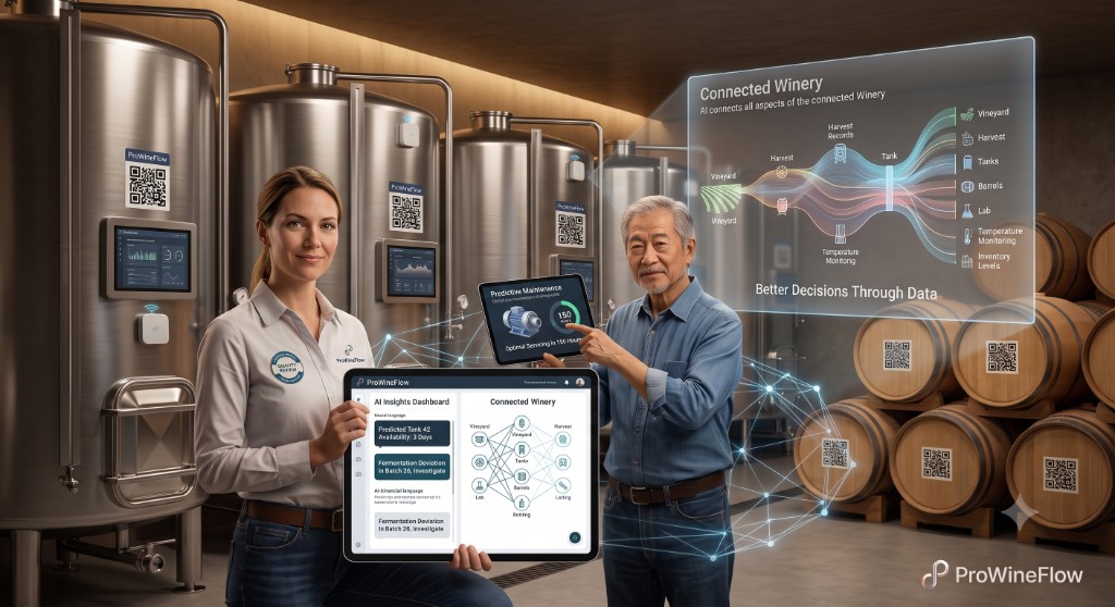 Winery team reviewing ProWineFlow AI insights and predictive maintenance dashboards beside tanks and barrels connected by a digital network
