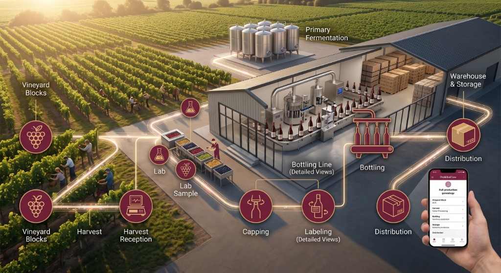 Illustrated wine production flow from vineyard through fermentation, bottling and warehouse, connected by a digital traceability thread to the ProWineFlow app