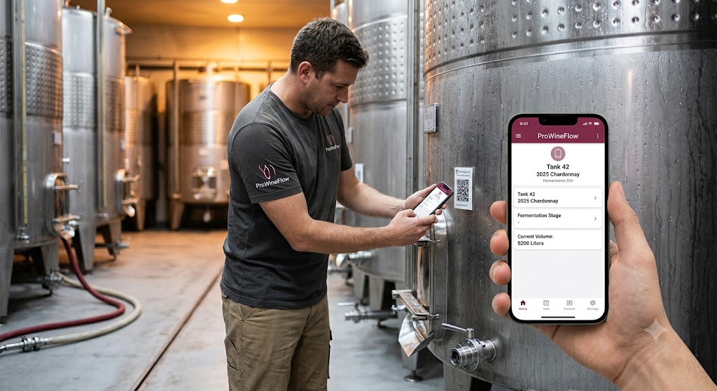 Cellar operator scanning a ProWineFlow QR code on a stainless steel tank, with the tank detail screen on a phone