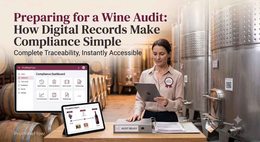 Winery quality reviewer with an audit-ready binder and tablets showing ProWineFlow compliance dashboard and traceability report