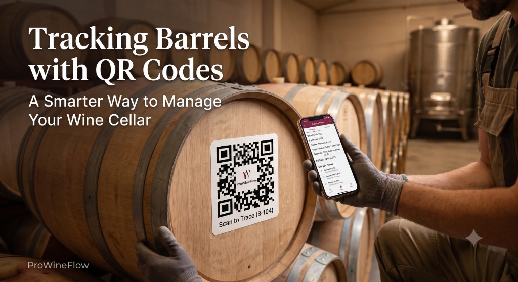 Cellar worker scanning a ProWineFlow QR code on a wine barrel, with barrel B-104 details shown on a phone